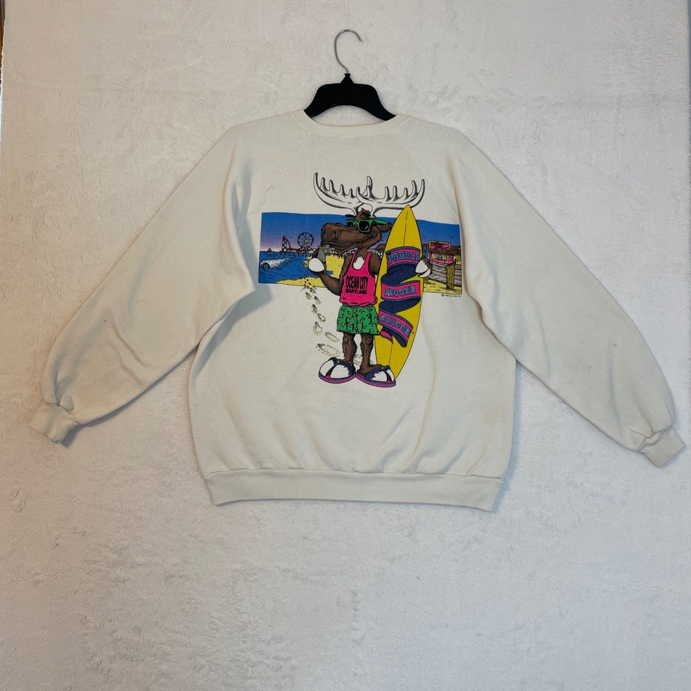 Vintage The Purple Moose Saloon Graphic Sweatshirt XXL Cream Surfer Moose - Picture 9 of 11